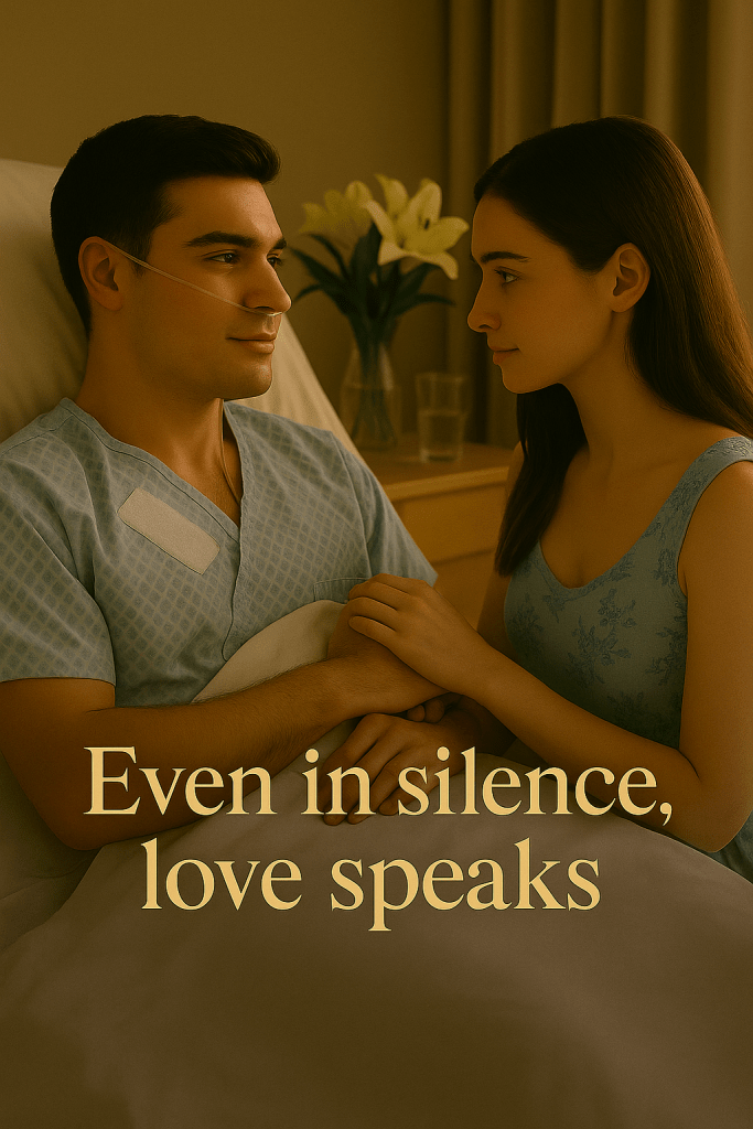 Patrick in a hospital gown rests on bed while Natacha sits close, holding his hand against her heart as they gaze at each other with love, symbolizing One Heart, One Destiny.