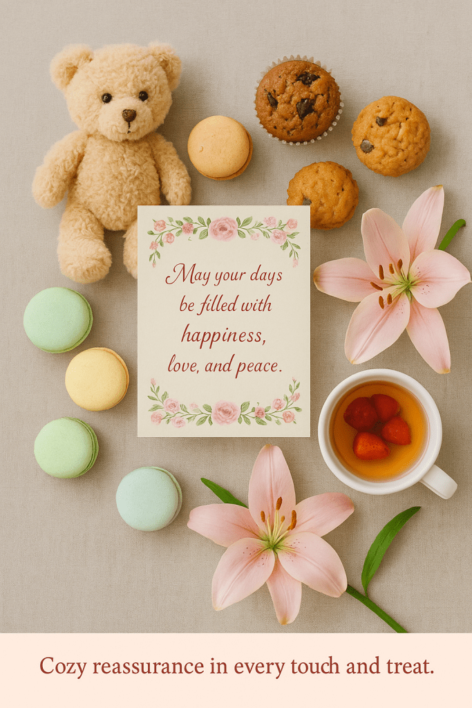 Flat lay with cozy quote card, muffin, macarons, and fresh lilies on a warm background.