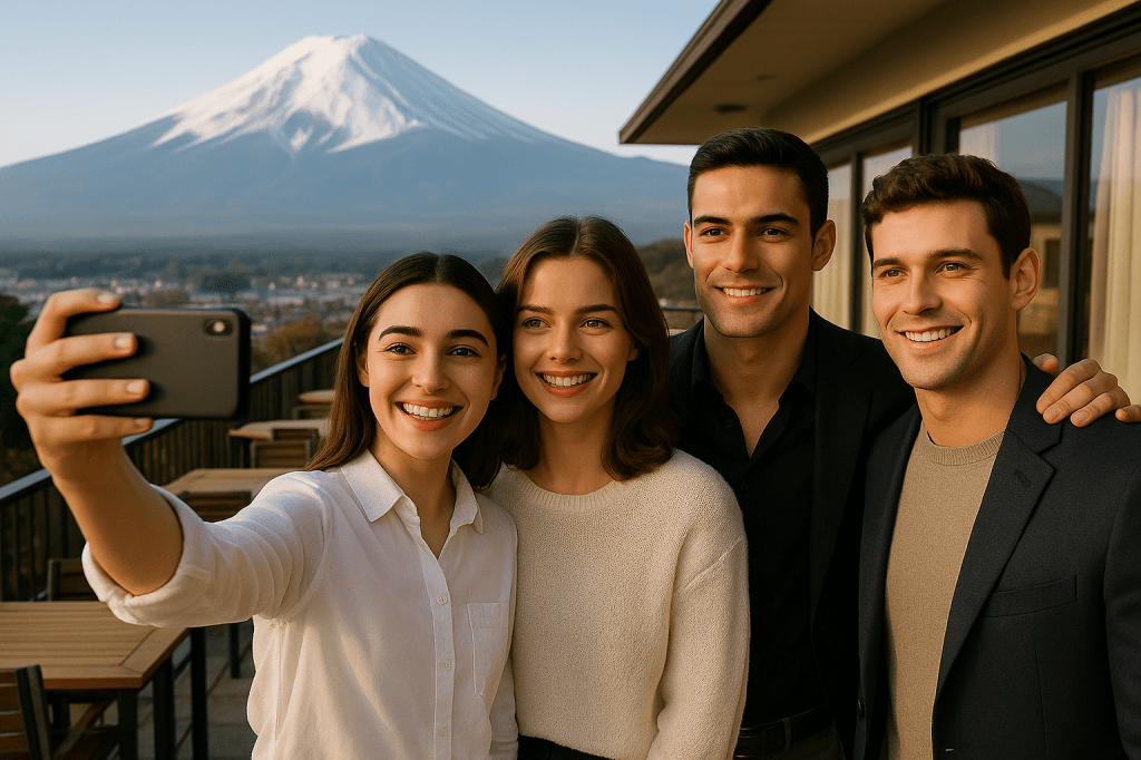 Four friends smiling together in front of their hotel restaurant with Mount Fuji in the background, enjoying a casual morning in Fujiyoshida.