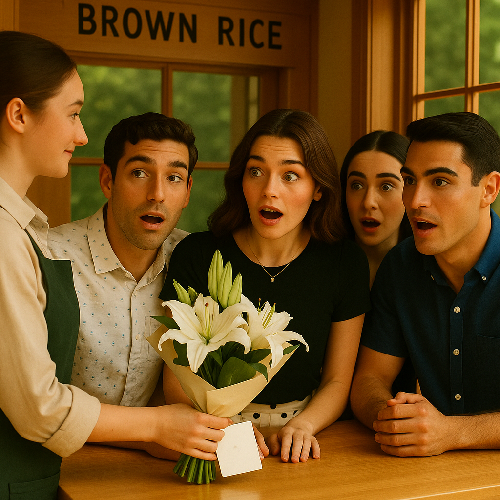 A florist presents a bouquet of white lilies with a card to four surprised friends seated inside a cozy café.