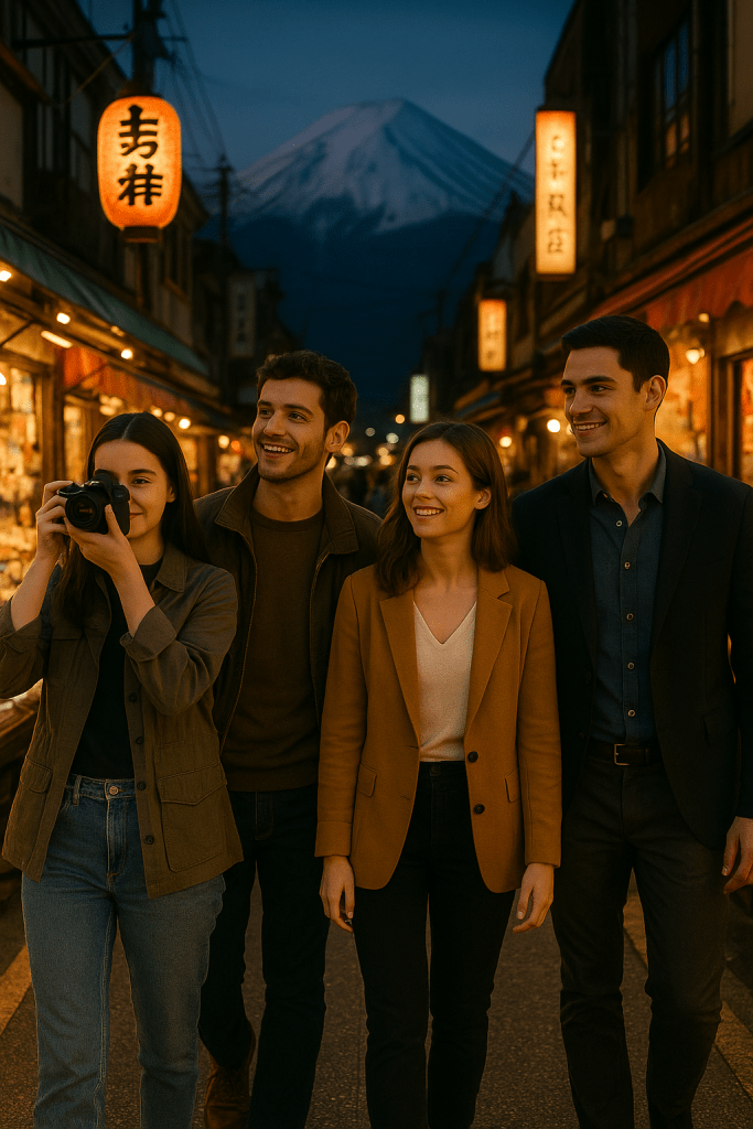 Four friends walking together on an evening street in Fujiyoshida, Japan, with glowing lanterns and cozy shops around.