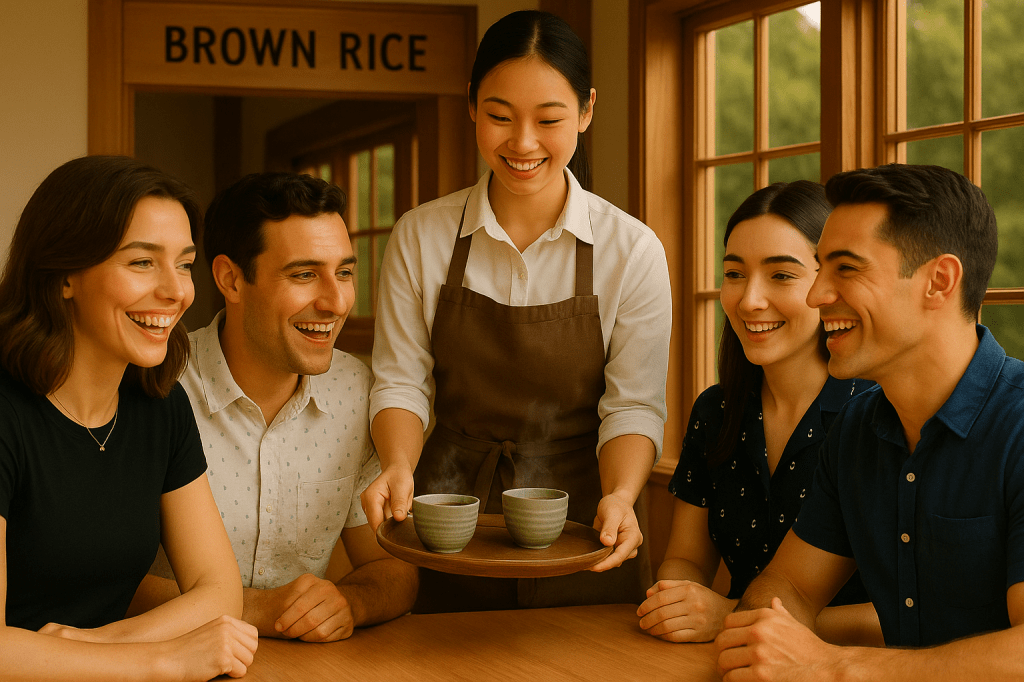 A smiling waitress serves hot fruit tea to four cheerful friends sitting at a wooden table in a cozy café with a Brown Rice sign in the background