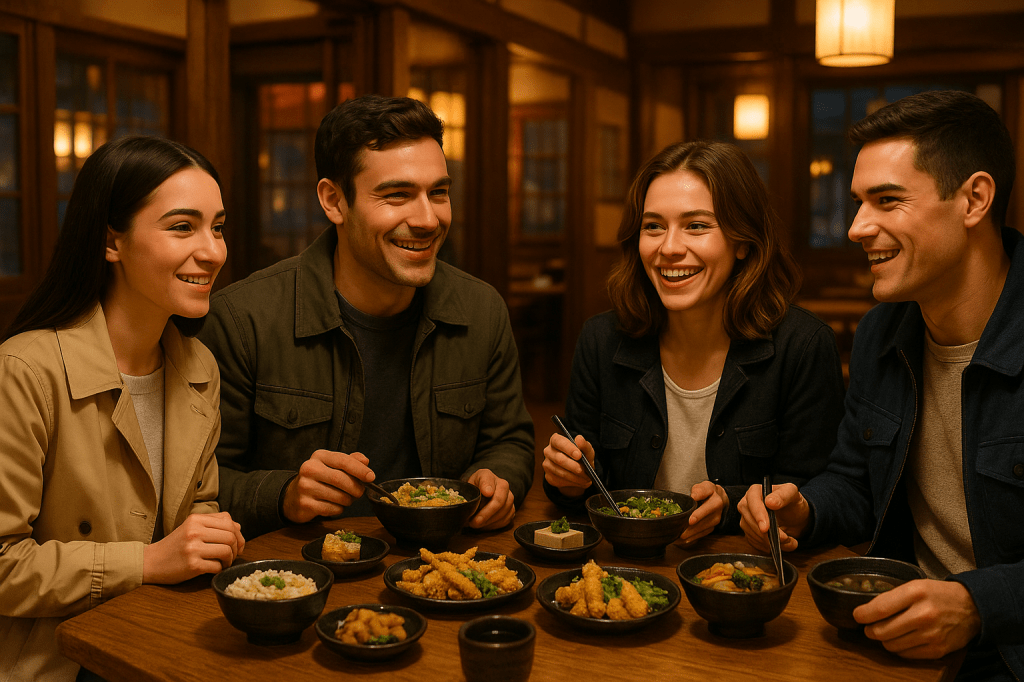 friends enjoying a vegetarian dinner at a cozy local restaurant in Fujiyoshida, smiling and sharing stories after a day of city exploration.