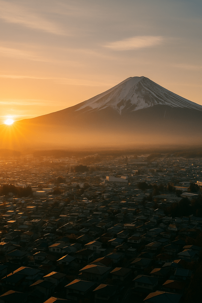A panoramic cityscape of Fujiyoshida with Mount Fuji in the background under a clear sky.