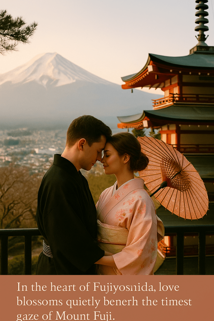 Couple in kimono standing at Arakura Sengen Shrine with Mount Fuji in the background, symbolizing love and serenity."