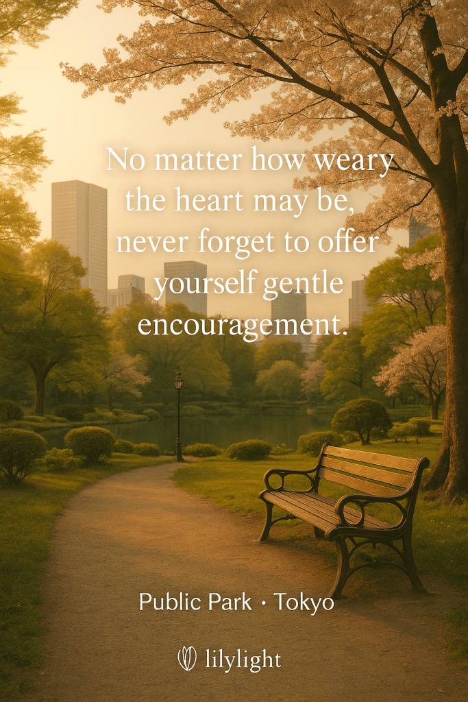 A tranquil public park in Tokyo at sunset, with a bench under cherry blossoms and city skyline in the background. Quote overlay reads: “No matter how weary the heart may be, never forget to offer yourself gentle encouragement.”