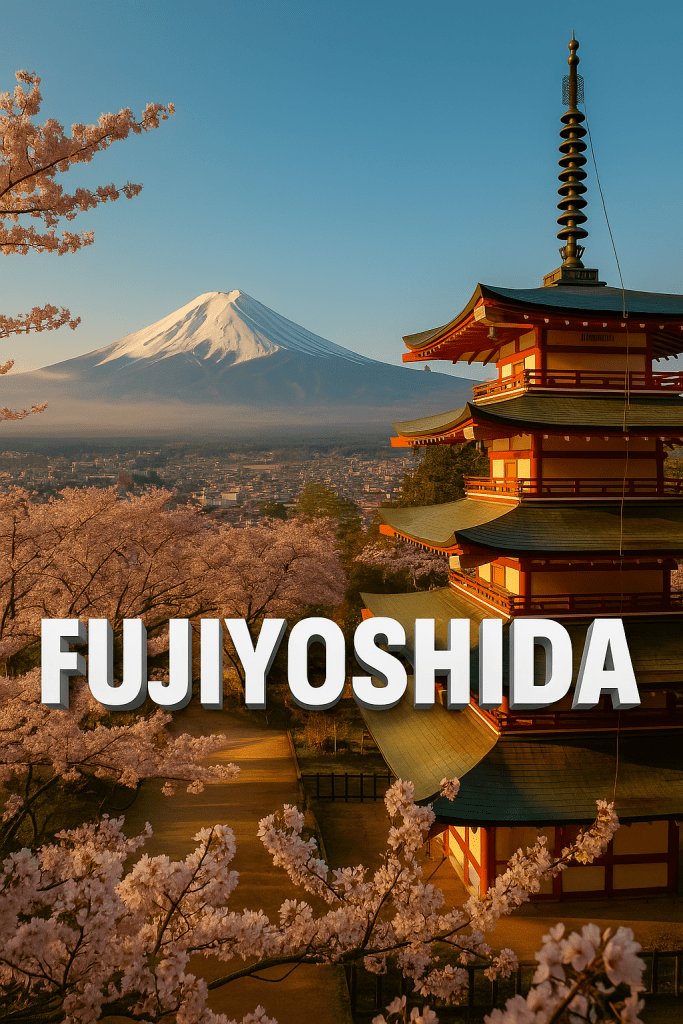 A breathtaking view of Mount Fuji with Chureito Pagoda in the foreground, enhanced with bold 3D text highlighting the city where Daisy is assigned for work.