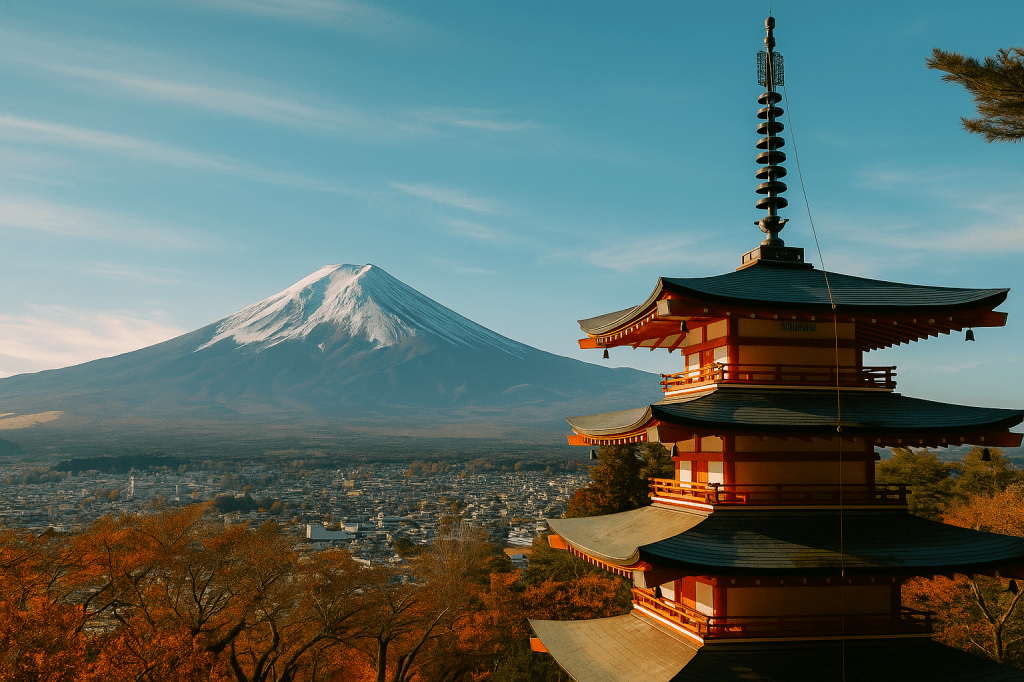 A panoramic view of Mount Fuji with a serene cityscape and a famous temple in the foreground, showcasing the beauty and cultural richness of Japan.