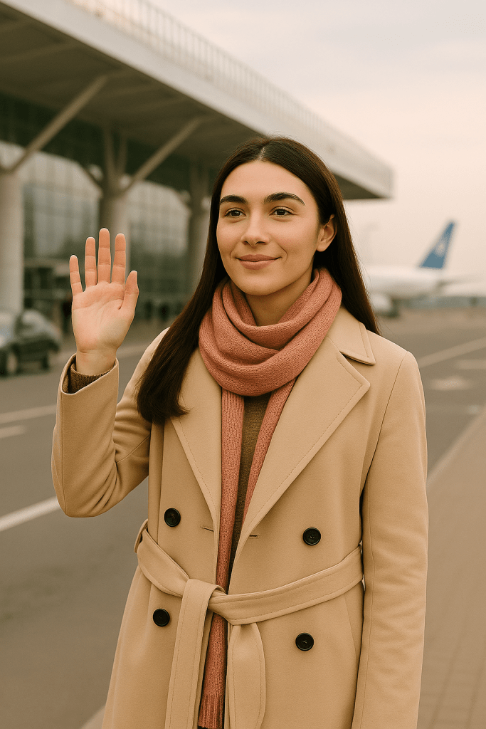 Natacha in a pastel dress standing outside the airport, waving goodbye with a heartfelt smile