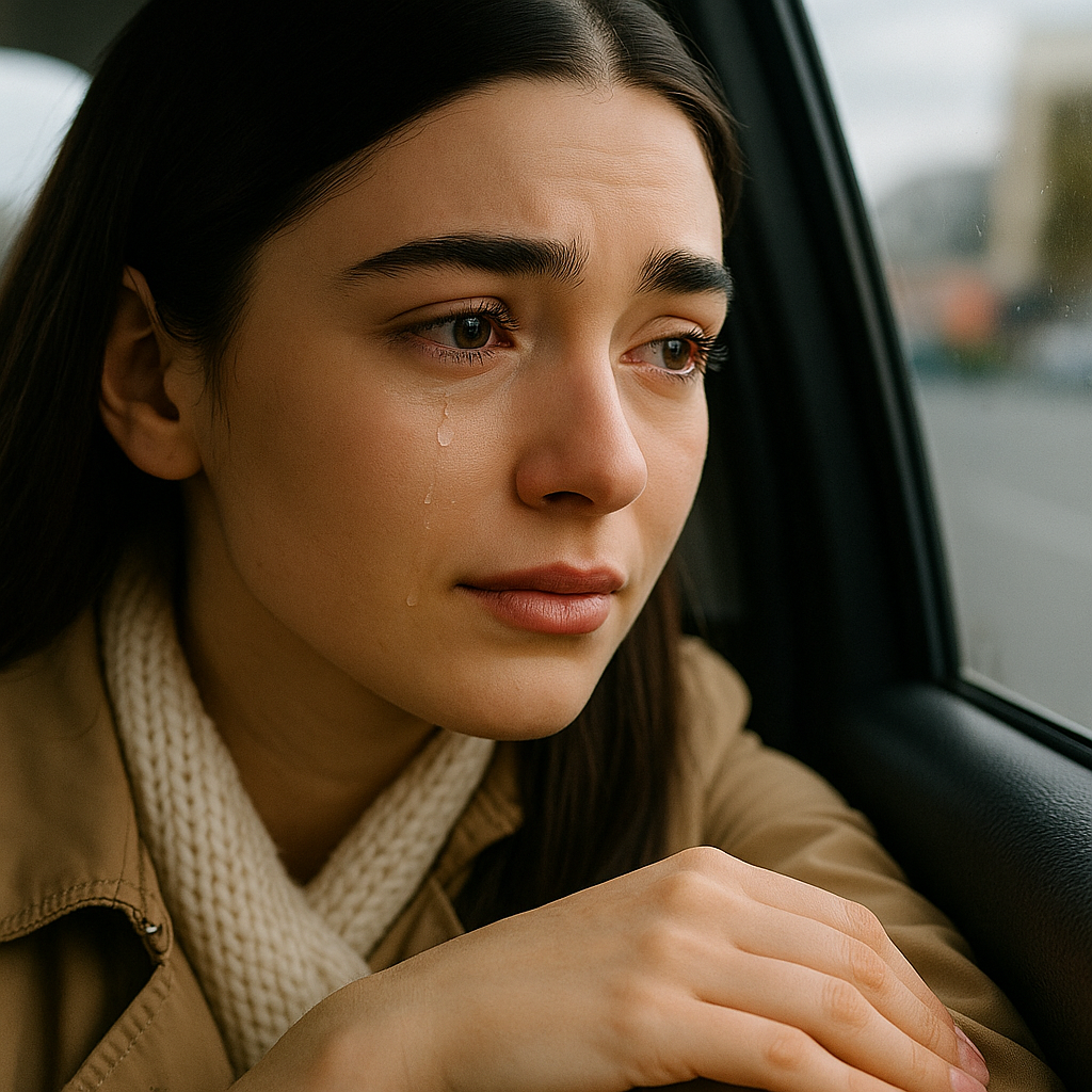 A close-up of Natacha sitting inside a car, eyes brimming with tears, resting her hand softly on the window edge while gazing outside.