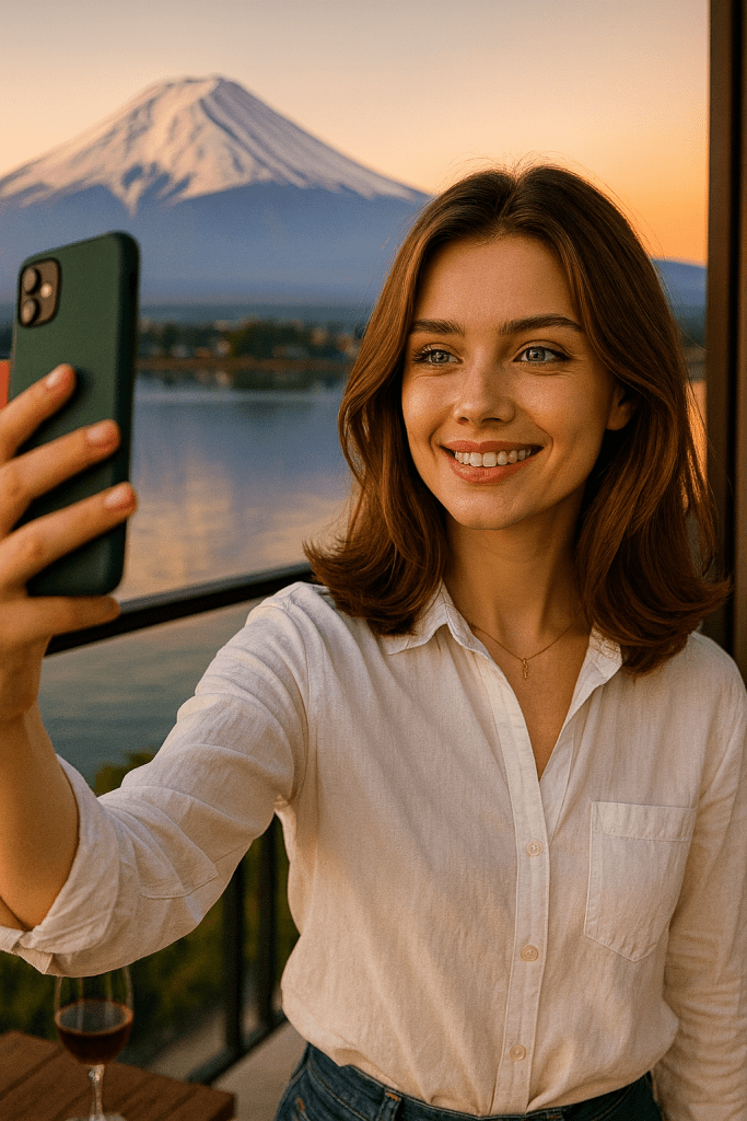 Daisy taking a natural selfie on the balcony of Fufu Kawaguchiko hotel with Mount Fuji view at sunset