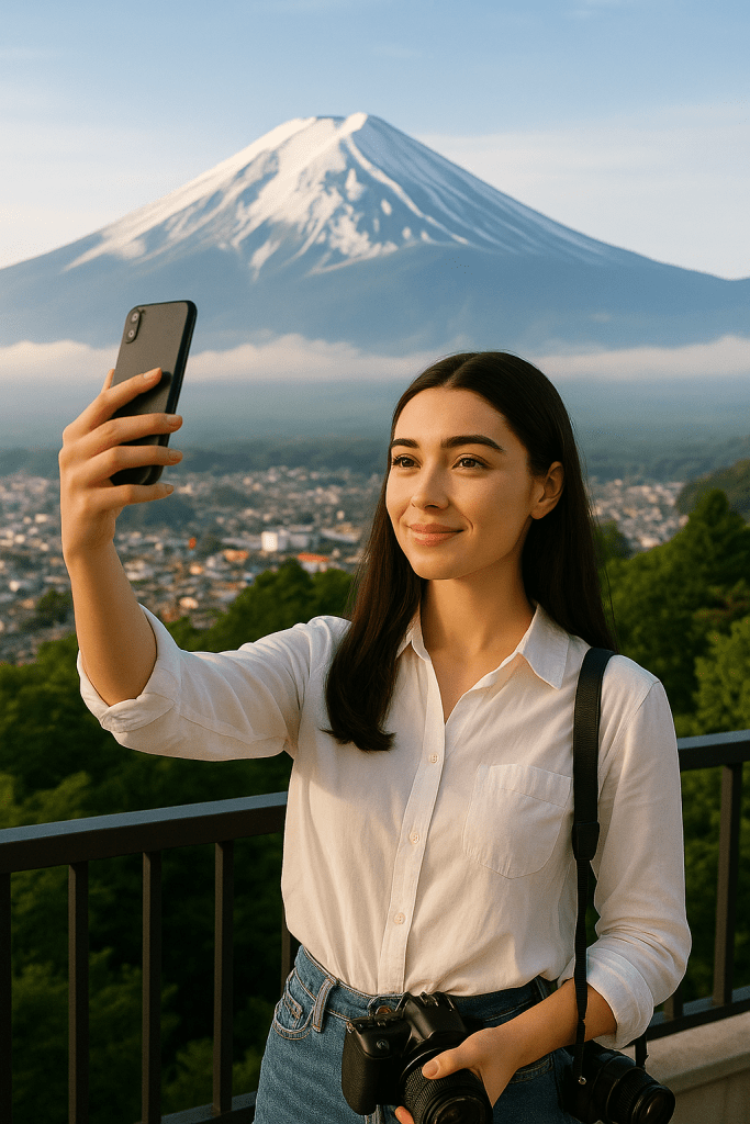 Natacha, a young woman with long dark hair in a white shirt, takes a selfie on her hotel balcony at sunrise with Mount Fuji in the background.