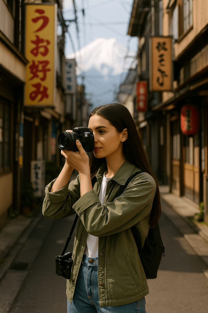 Natacha taking street photographs in a narrow alley of Fujiyoshida, capturing architectural details.