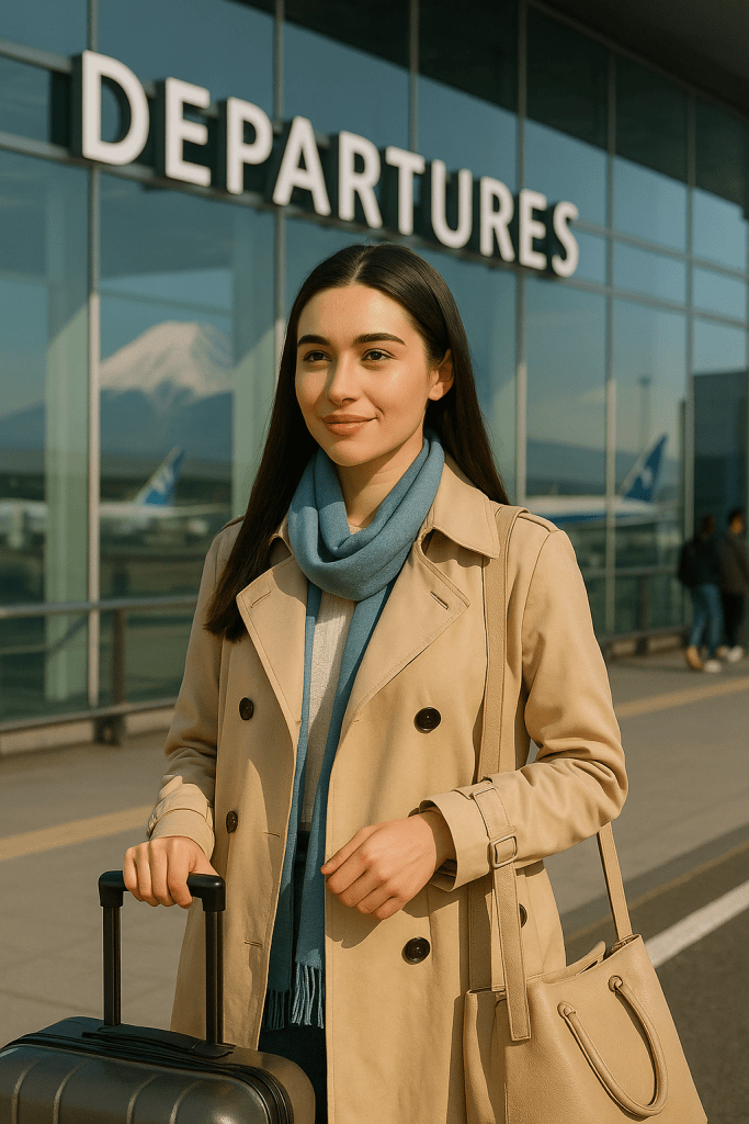 Natacha in a pastel trench coat with a blue scarf, holding her luggage at Tokyo airport departure hall with Mount Fuji visible in the background.