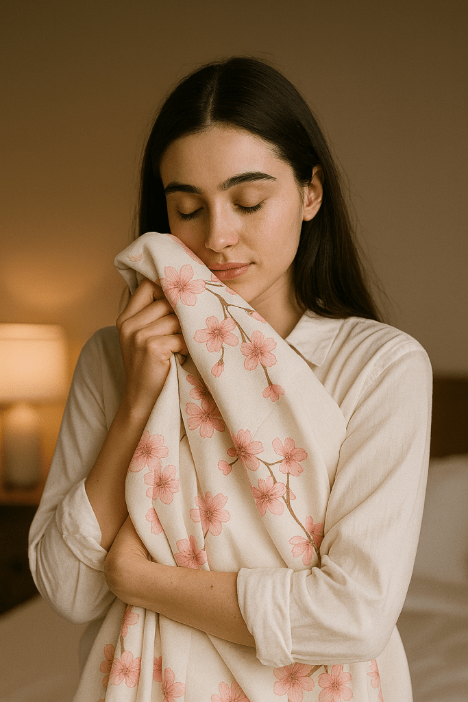 Natacha in her Tokyo hotel room, gently holding a white kimono with pink sakura patterns, remembering Patrick’s words with love and longing.
