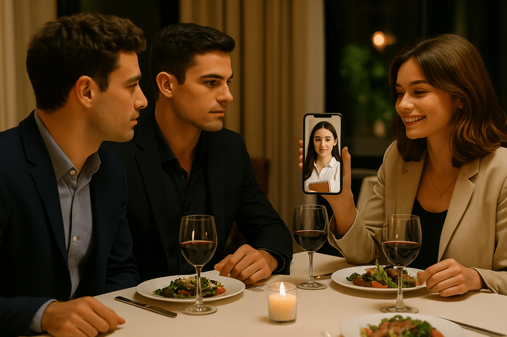 Friends dining at the hotel restaurant hold up a smartphone showing Natacha on a video call, smiling warmly in a white shirt.