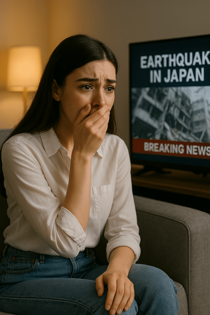 "Natasha sits on a sofa in Singapore, covering her mouth in shock with teary eyes as the television shows breaking news of a massive earthquake in Japan with collapsing buildings."