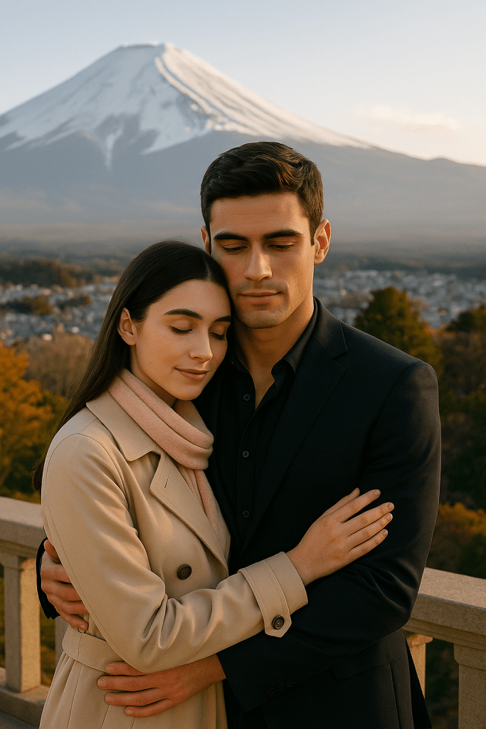 Close-up of Natasha and Patrick embracing on the balcony with Mount Fuji view, romantic couple moment in Fujiyoshida.