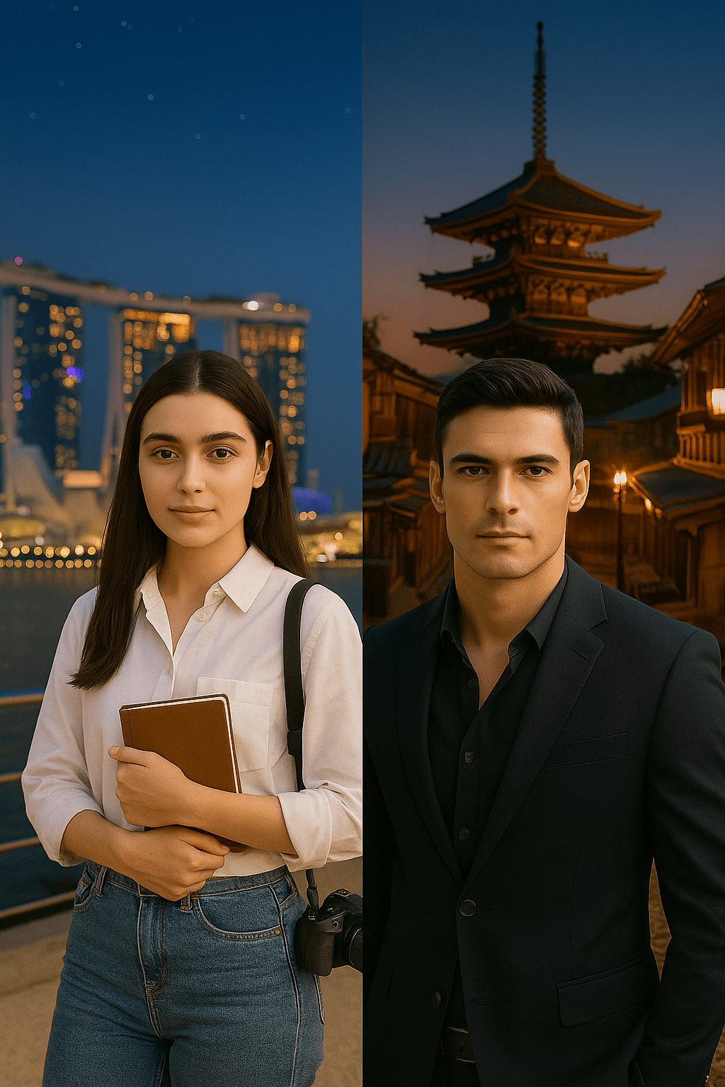 Natasha in Singapore and Patrick in Japan, a symbolic portrait showing their emotional distance and connection in Episode 5 of the love story.