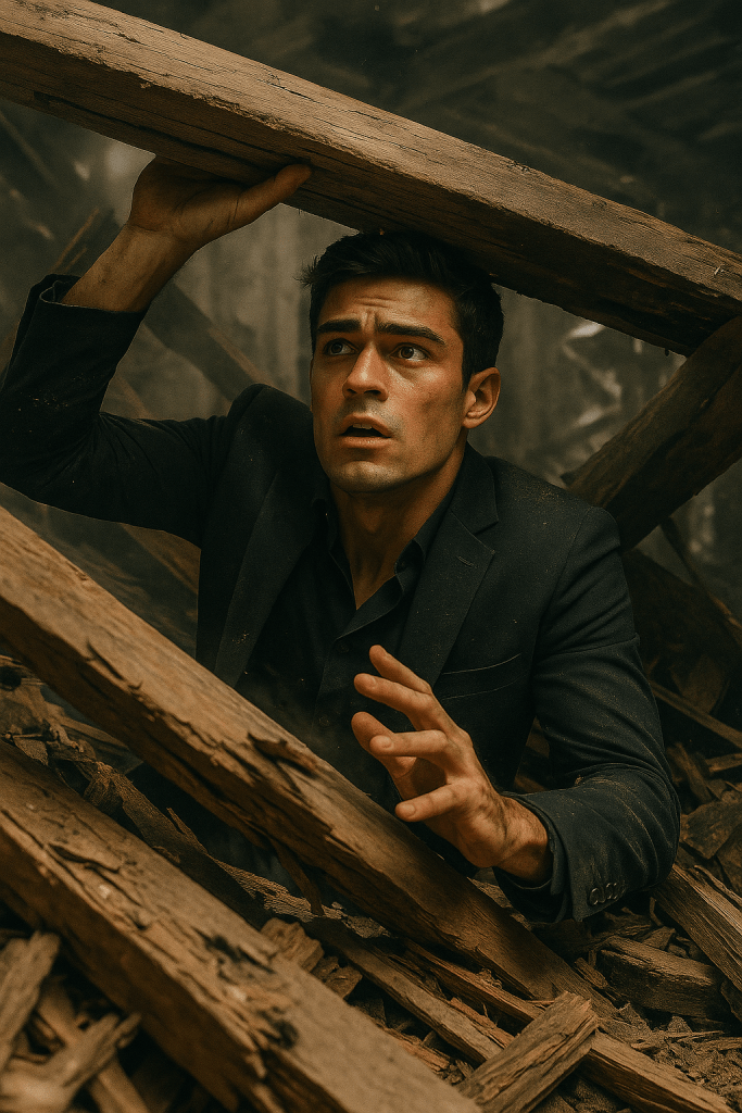 "A young man trapped in an old building during a powerful earthquake in Japan, struggling under fallen beams and debris."