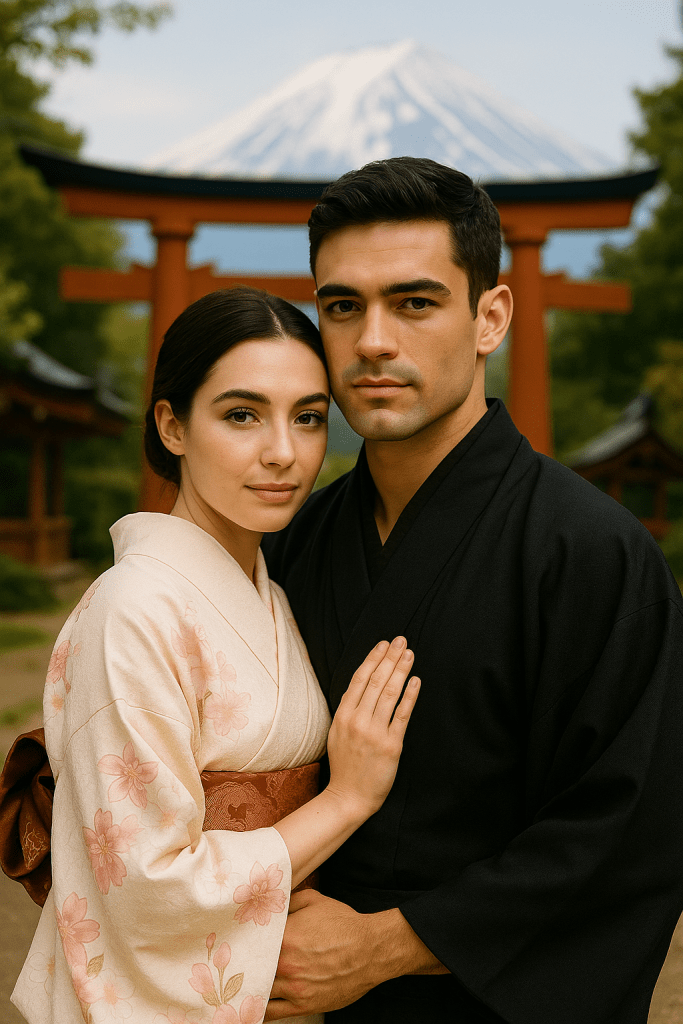 "A young couple in traditional Japanese kimono sharing a quiet moment at a temple in Fujiyoshida, with Mount Fuji in the distance"