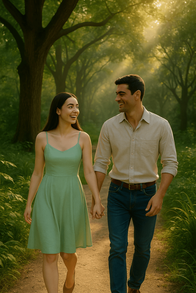 Patrick and Natasha walk hand in hand through a lush green forest, smiling warmly at each other in the soft glow of morning sunlight."