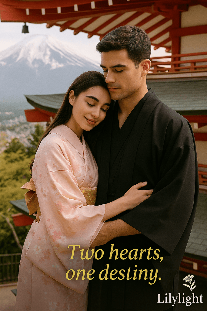 "A romantic couple in traditional Japanese kimono at a shrine near Mount Fuji, with a soft golden love quote overlay in the corner."