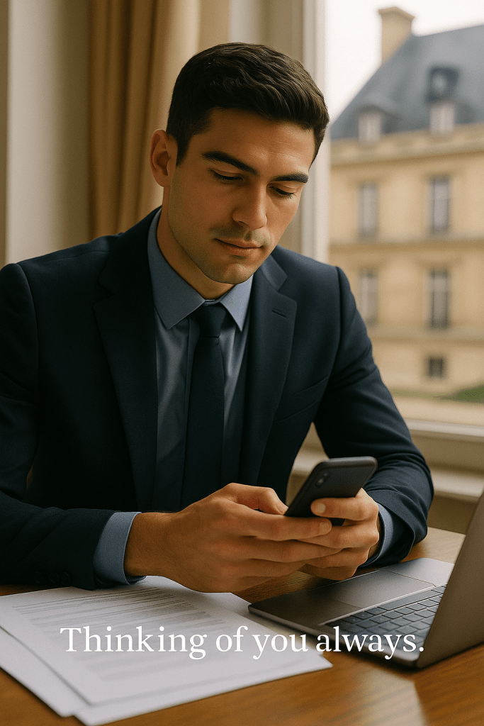 "A young man in a suit sits at a desk in France, holding his phone while typing a heartfelt message, with documents and a laptop beside him."