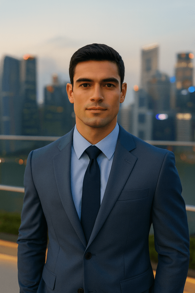 "Patrick in a light gray suit with a navy tie, standing on a rooftop with the Singapore skyline at sunset, preparing for a romantic date with Natasha."