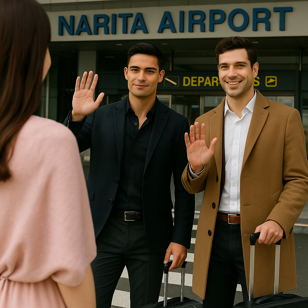 Patrick and Venice in smart casual attire standing together at the airport, ready for departure to Fujiyoshida.
