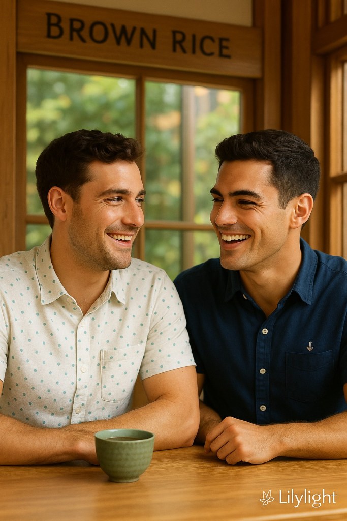 Patrick and Venice smiling together at Brown Rice restaurant in Tokyo, enjoying a warm plant-based morning meal.