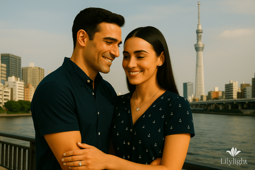 A young couple embraces by the Sumida River in Tokyo, with a scenic view of the river and city in the background.