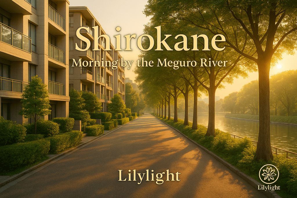 Shirokane at morning by the Meguro River — tree-lined riverside path with upscale residences in warm golden light, with “Shirokane — Morning by the Meguro River” text and Lilylight logo at bottom-right.