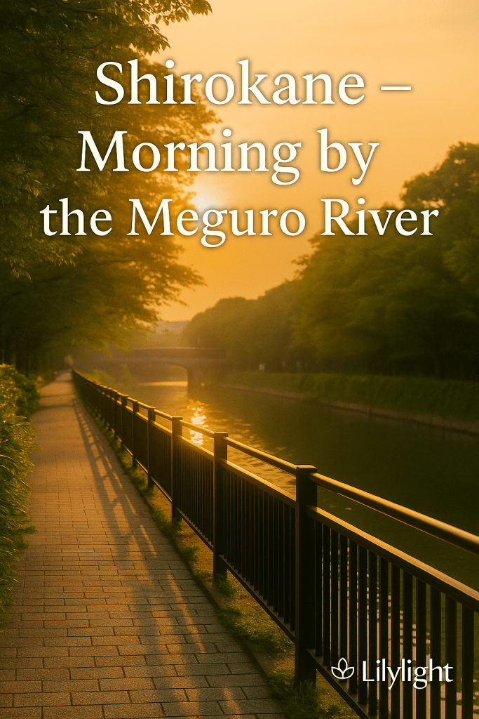 A vertical morning scene at Shirokane, Tokyo, showing a peaceful riverside walkway with soft golden sunlight. Text overlay reads “Shirokane — Morning by the Meguro River,” with the Lilylight logo placed at the bottom.