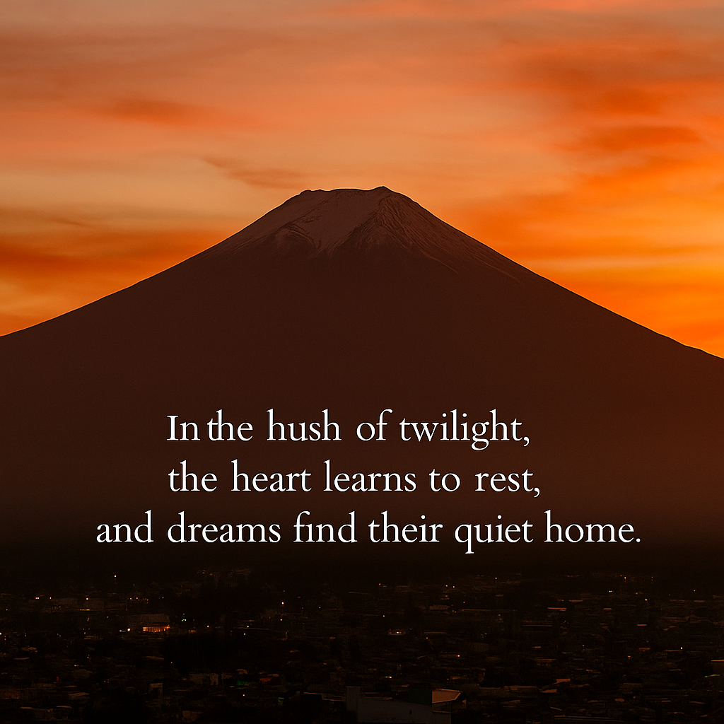 Sunset view of Mount Fuji from Fujiyoshida city with warm glowing sky.