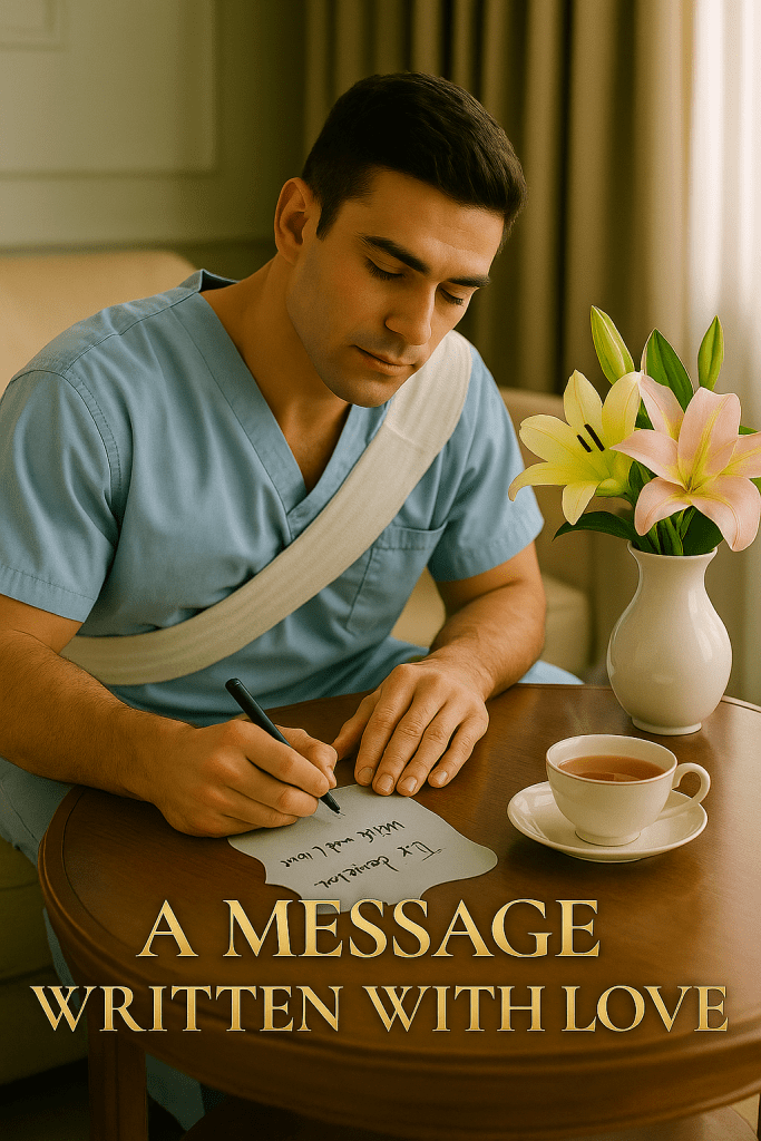 Patrick in a hospital gown with a chest bandage sits at a tea table in a Tokyo VIP suite, writing an emotional card for Natacha beside a vase of white, pink, and yellow lilies with a cup of hot tea.