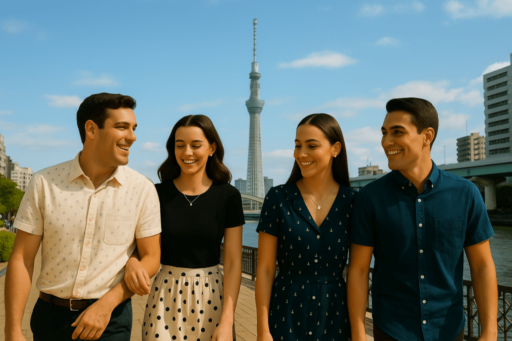 Four young friends walking along the Sumida River in Tokyo with the Skytree in the background on a sunny day.",