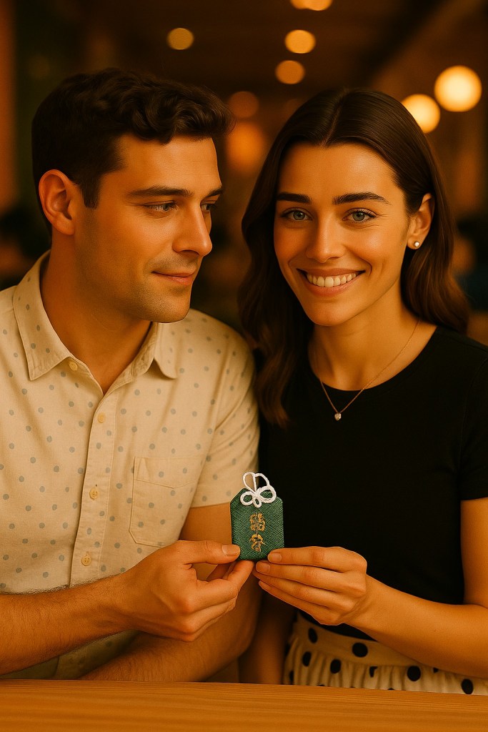 A young couple sitting together in a warmly lit Tokyo restaurant, holding a green omamori charm with golden embroidery, symbolizing protection and good luck.