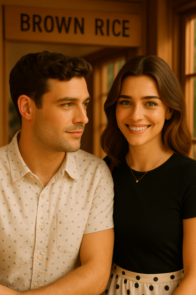 A close-up photo of Venice in a white shirt sitting with Daisy in a polka-dot skirt inside Brown Rice restaurant, sharing a natural and warm conversation."