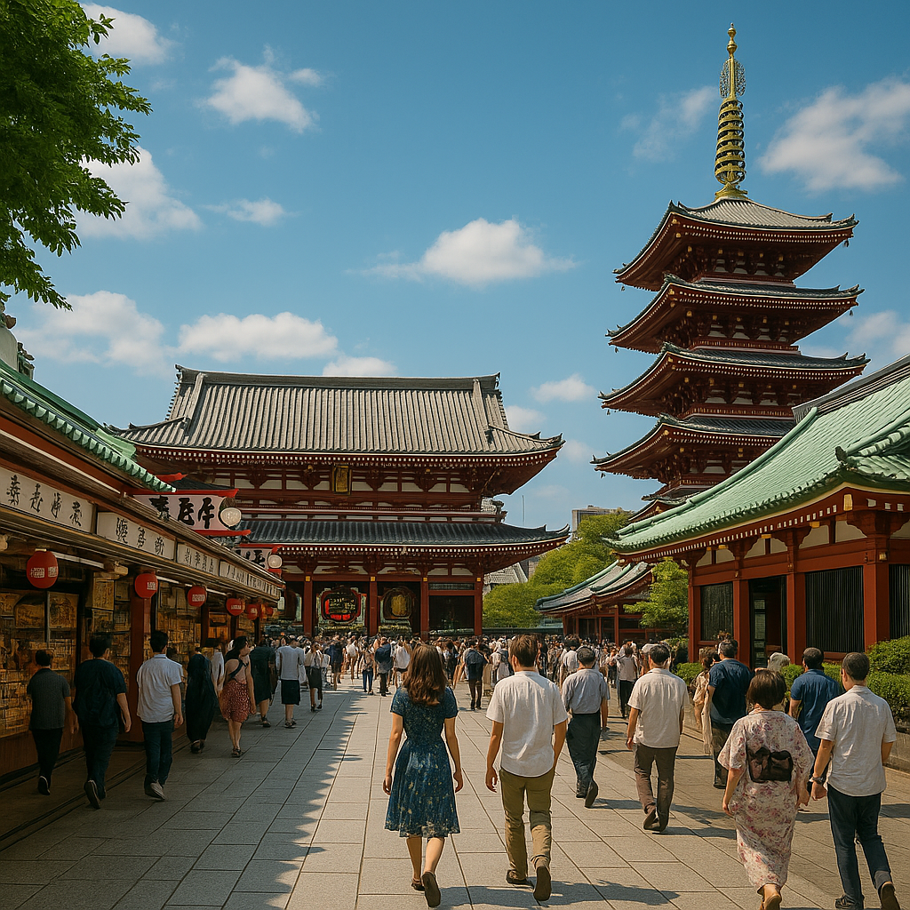 A wide-angle daytime view of Asakusa Tokyo with Senso-ji Temple, red pagoda, Nakamise shopping street, and visitors enjoying the lively atmosphere.