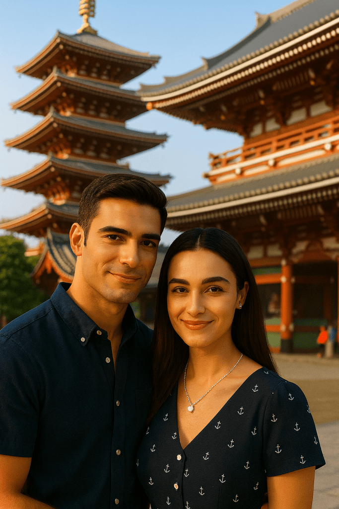A young couple standing close together in front of Sensō-ji Temple in Tokyo, Japan, with the temple’s iconic red pagoda and traditional lanterns in the background.