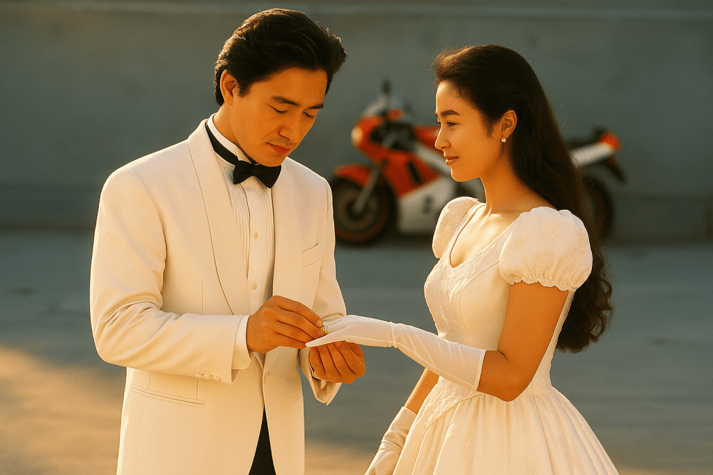 A cinematic photograph of an East Asian newlywed couple during their wedding ceremony, as the groom gently places a gold wedding ring on the bride’s gloved left hand, bathed in warm golden light.