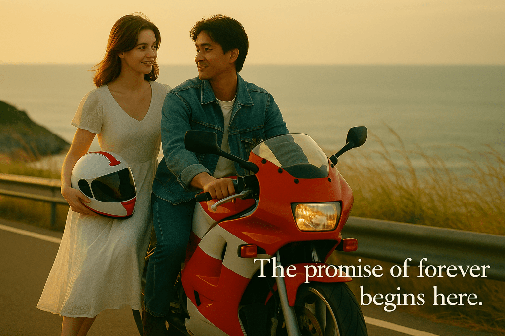 Photoreal cinematic wide shot of Daisy and Venice on a white and red motorcycle at Promthep Cape, Phuket, during a warm golden sunset. The couple smiles softly as the sunlight glows behind them — symbolizing love’s promise in Bridal Love: No One Dares Touch.