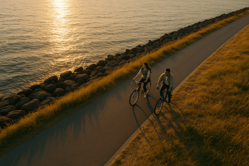 AA high-angle aerial view of a young couple cycling by the sea during sunset, surrounded by golden light and gentle waves.