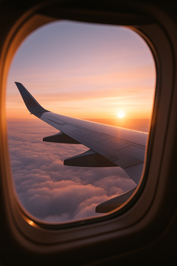  A sunrise view from an airplane window showing the wing above soft golden clouds.
