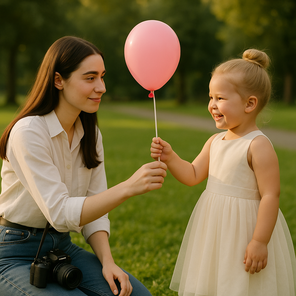 Natacha sitting on a park bench in Westminster as little Catherine runs toward her with a white balloon under the golden afternoon light.
