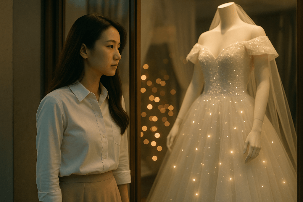 A young East Asian woman gazes thoughtfully at a wedding dress displayed in a softly lit bridal boutique window at dusk.