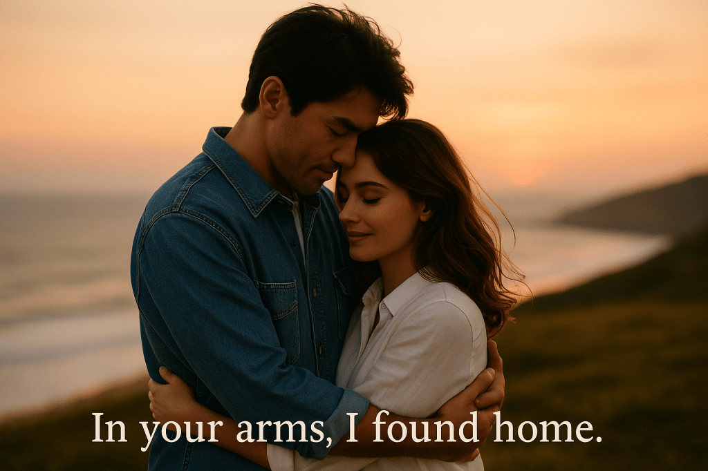 A young couple embraces warmly on a grassy seaside hill at sunset, bathed in golden light, symbolizing a peaceful and fulfilled love.