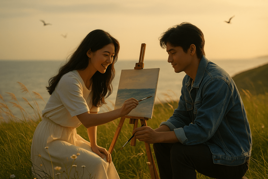 A young couple paints together on a grassy seaside hill at sunset, surrounded by tall grass and birds flying softly in the golden light.