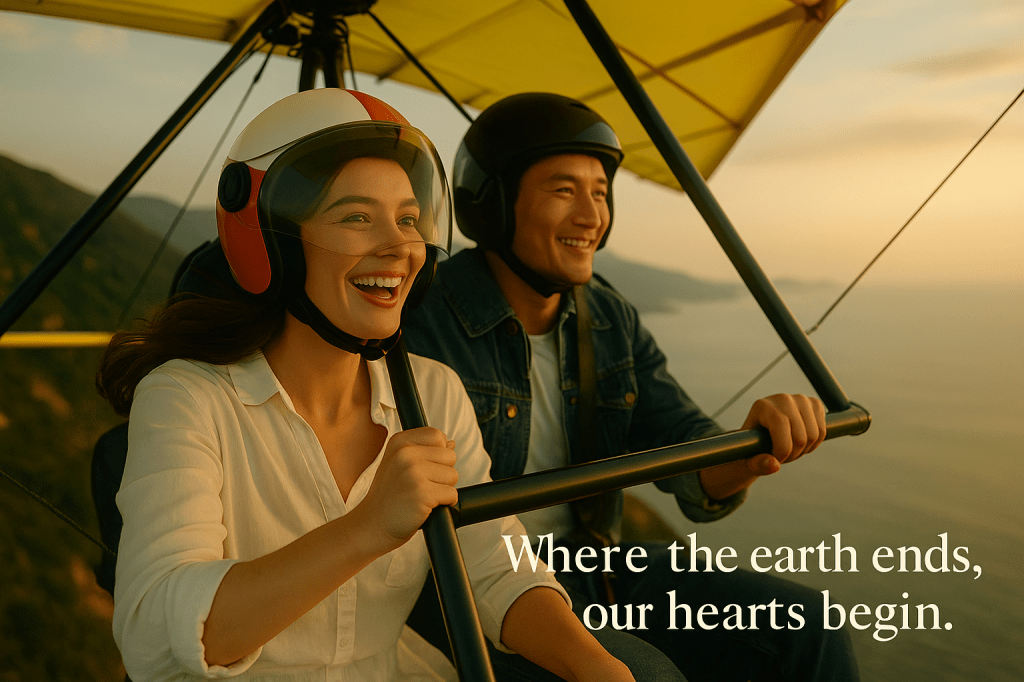 A photoreal cinematic scene of Daisy and Venice flying a small yellow ultralight airplane above the sea at sunset, smiling as golden light fills the sky.
